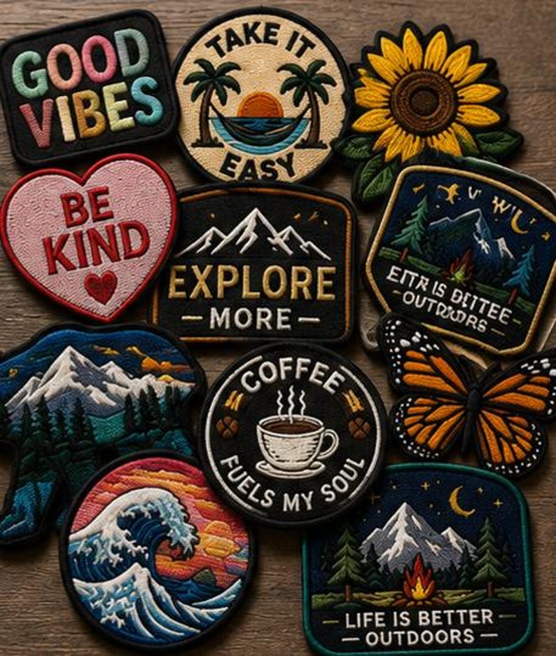 May include: A collection of embroidered patches featuring various designs including a sunflower, a monarch butterfly, a coffee cup with the text COFFEE FUELS MY SOUL, a heart with BE KIND, and mountain landscapes with text like EXPLORE MORE.