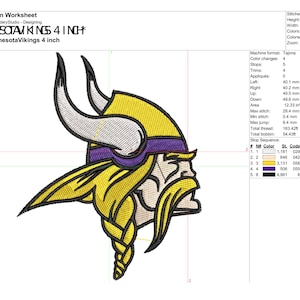 May include: A 4-inch embroidery design of the Minnesota Vikings logo. The logo features a purple and yellow Viking helmet with horns and a beard. The design is for use with an embroidery machine.