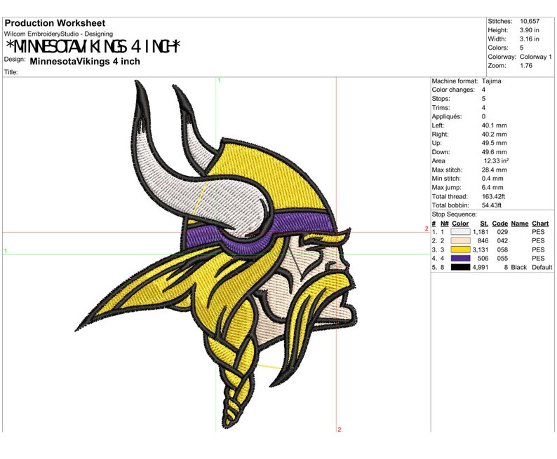 May include: A 4-inch embroidery design of the Minnesota Vikings logo. The logo features a purple and yellow Viking helmet with horns and a beard. The design is for use with an embroidery machine.