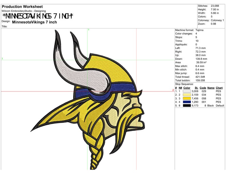 May include: A 7-inch embroidery design of the Minnesota Vikings logo. The logo features a purple and yellow horned helmet with a blue and white stripe. The design is for machine embroidery and includes 23,088 stitches.