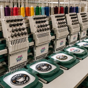 May include: A multi-head Tajima industrial embroidery machine featuring several sewing stations with green hoops. Each hoop contains a circular patch with a coffee cup graphic and the text "COFFEE FUELS MY SOUL" embroidered in white thread.