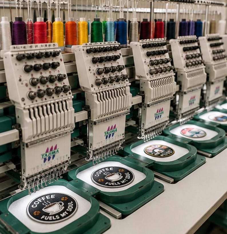 May include: A multi-head Tajima industrial embroidery machine featuring several sewing stations with green hoops. Each hoop contains a circular patch with a coffee cup graphic and the text "COFFEE FUELS MY SOUL" embroidered in white thread.