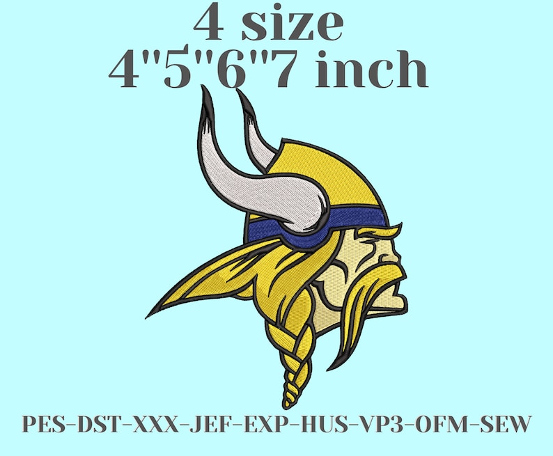 May include: Embroidered patch of a Viking warrior's head with a horned helmet, in yellow, blue, and white. The patch is available in four sizes: 4 inches, 5 inches, 6 inches, and 7 inches. PES-DST-XXX-JEF-EXP-HUS-VP3-OFM-SEW