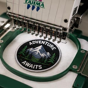 May include: A circular embroidered patch featuring a mountain landscape with green pine trees and a snow-capped peak against a black background. The text ADVENTURE AWAITS is stitched in white capital letters. The patch is held in a green embroidery hoop.