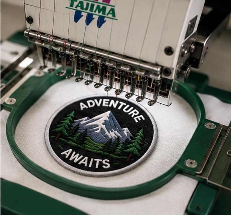 May include: A circular embroidered patch featuring a mountain landscape with green pine trees and a snow-capped peak against a black background. The text ADVENTURE AWAITS is stitched in white capital letters. The patch is held in a green embroidery hoop.