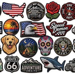 May include: A collection of twenty-one embroidered patches featuring diverse designs including a US flag map, a bald eagle, a golden retriever, a shark, skulls, a Route 66 sign, a camper van, a hot rod, a jeep, a tiger, and various nature scenes.
