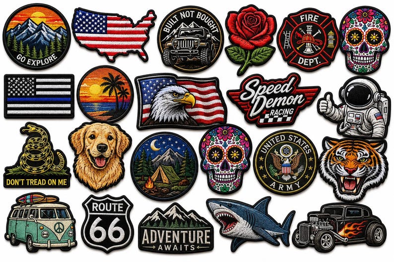 May include: A collection of twenty-one embroidered patches featuring diverse designs including a US flag map, a bald eagle, a golden retriever, a shark, skulls, a Route 66 sign, a camper van, a hot rod, a jeep, a tiger, and various nature scenes.
