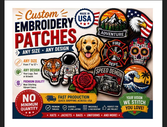 Custom Embroidery Patches, Iron On or Sew On, Personalized Logo,Name Patches, Embroidered Patches
