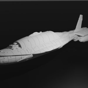 May include: A matte light gray scale model of a spaceship featuring a long, tapered hull with segmented paneling, a raised bridge section near the bow, and a rear assembly with a vertical stabilizer fin and two side-mounted engine thruster pods.