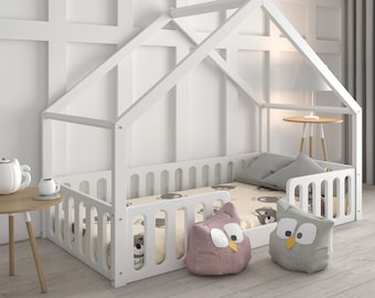 Hausbett Kinderbett mit Rausfallschutz und Lattenrost, Toddler bed , Letto per Bambini, Lit cabane Farben Holz Einzelbett weiss