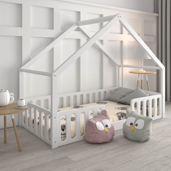 Huisbed kinderbedje met valbeveiliging en lattenbodem, Peuterbed, Letto per Bambini, Lit cabane kleuren hout eenpersoonsbed wit