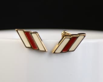 Vintage Trifari Enamel Stud Earrings, Geometric Gold Tone Design