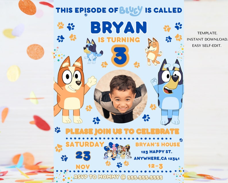 Boys Birthday Invitation Template, Boys Birthday Party Invites, Boys Invitation, Editable Blue Dog Birthday Invitation, Boys Party Invites. image 1