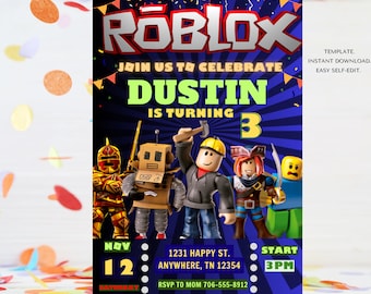 Roblox Invitation, Roblox Invite, Game Party, Roblox Boys Birthday Invitation Template, Game Birthday, Kids Roblox, Editable Template, Canva