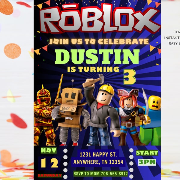 Roblox Invitation, Roblox Invite, Game Party, Roblox Boys Birthday Invitation Template, Game Birthday, Kids Roblox, Editable Template, Canva