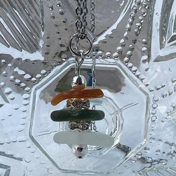 Lake Michigan Stacked Beach Glass Necklace with Swarvorski Crystal Accents