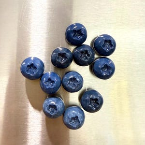 May include: A collection of ten individual blueberry-shaped magnets. Each magnet features a smooth, glossy, deep blue finish with a realistic star-shaped indentation at the top, mimicking the appearance of fresh, ripe blueberries in a cluster.