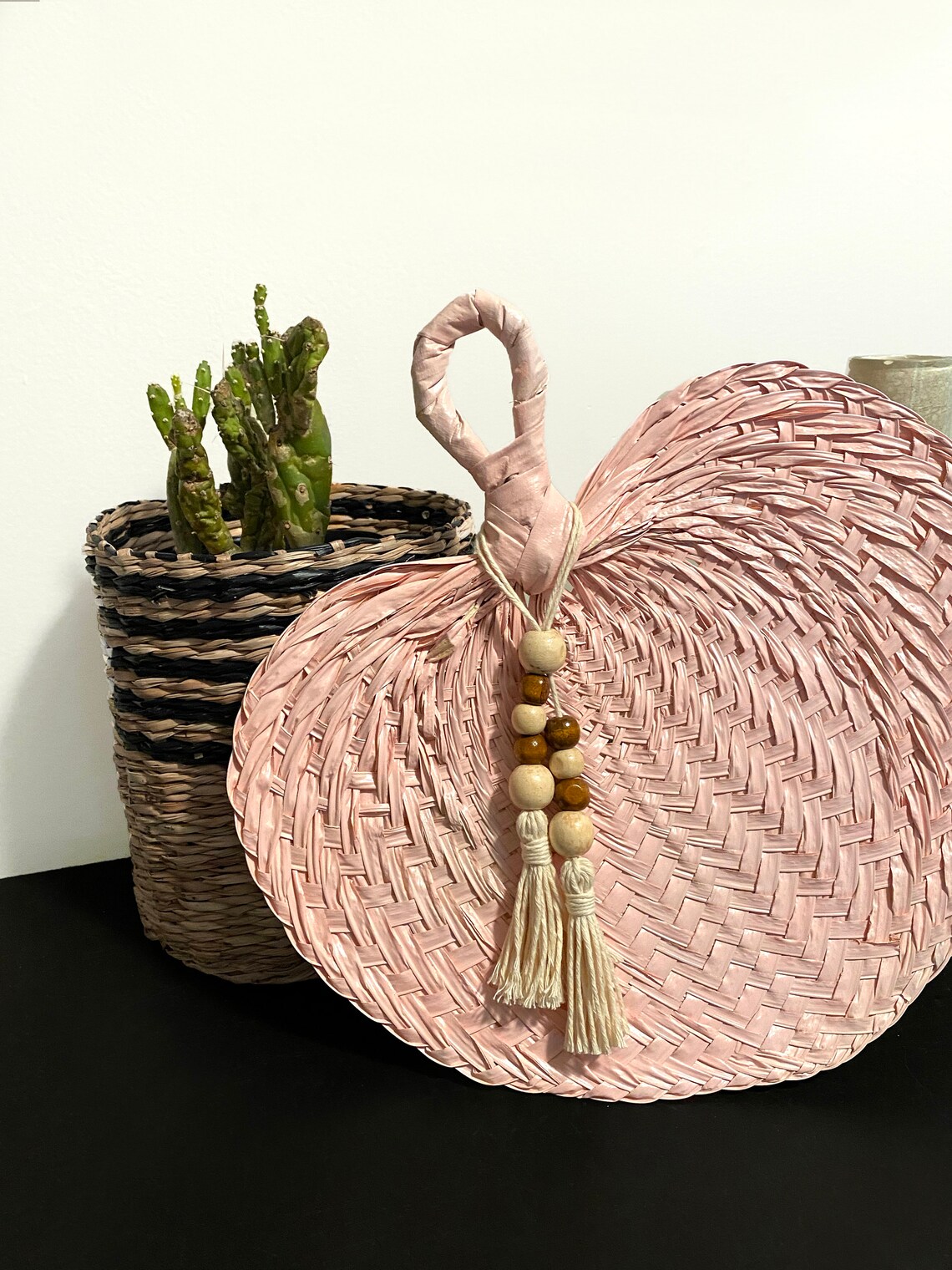 Woven raffia pink fan decoration boho natural straw fan with Etsy