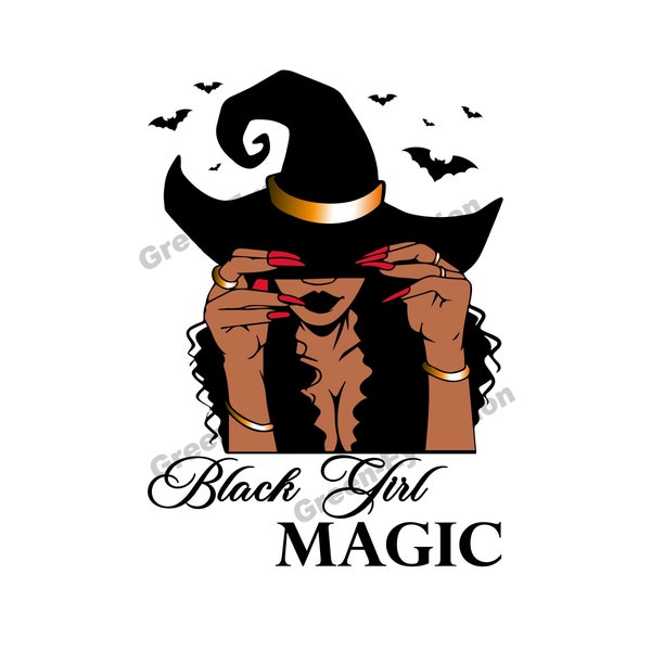Black Girl Magic with Witch Hat Digital File for T-Shirts, Calendars, Cups, and More - PNG SVG Halloween Digital Download