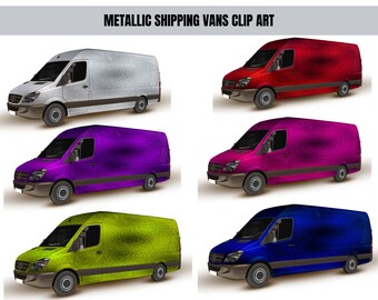 May include: Five metallic shipping vans in different colours: silver, red, purple, green, and blue. The vans are all the same model and have a similar design.