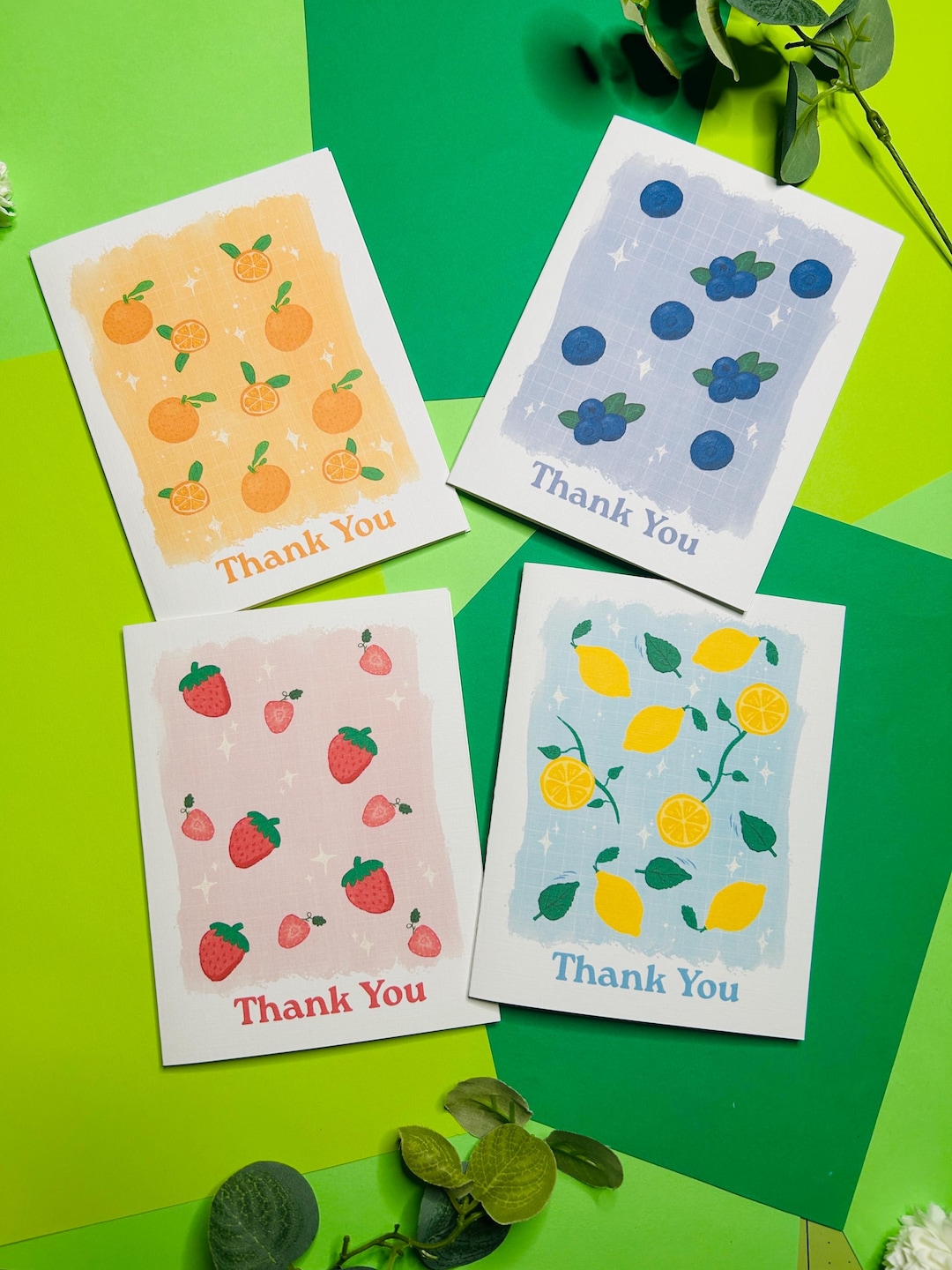 Fruit Thank You Greeting Card Set - Cute Strawberry, Orange, Bluberry ...