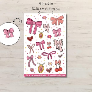 Pink Bows and Hearts Planner Sticker Sheet, Coquette Aesthetic, Lace and Bows