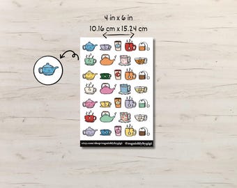 Tea Time Planner Sticker Sheet, Scrapbook, Bullet Journal, Bujo, Deco, Illustration, Doodle