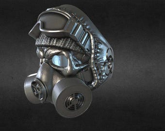 May include: A metallic silver gas mask with a detailed design. The mask features a visor, a textured upper section, and two circular filters on the lower part. The mask is set against a dark gray background.