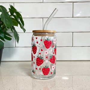 Strawberry Glass Cup | Strawberry Glass Tumbler | 16oz Glass Can With Lid and Straw | Iced Coffee Glass