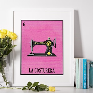 Tarjetas de lotería / La costurera / Costurera / Diseñadora de vestuario / Impresión de máquina de coser / Impresiones artísticas / Decoración de pared / Regalo latino