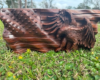 3D Carved American Flag w/ Eagle - African Sapele