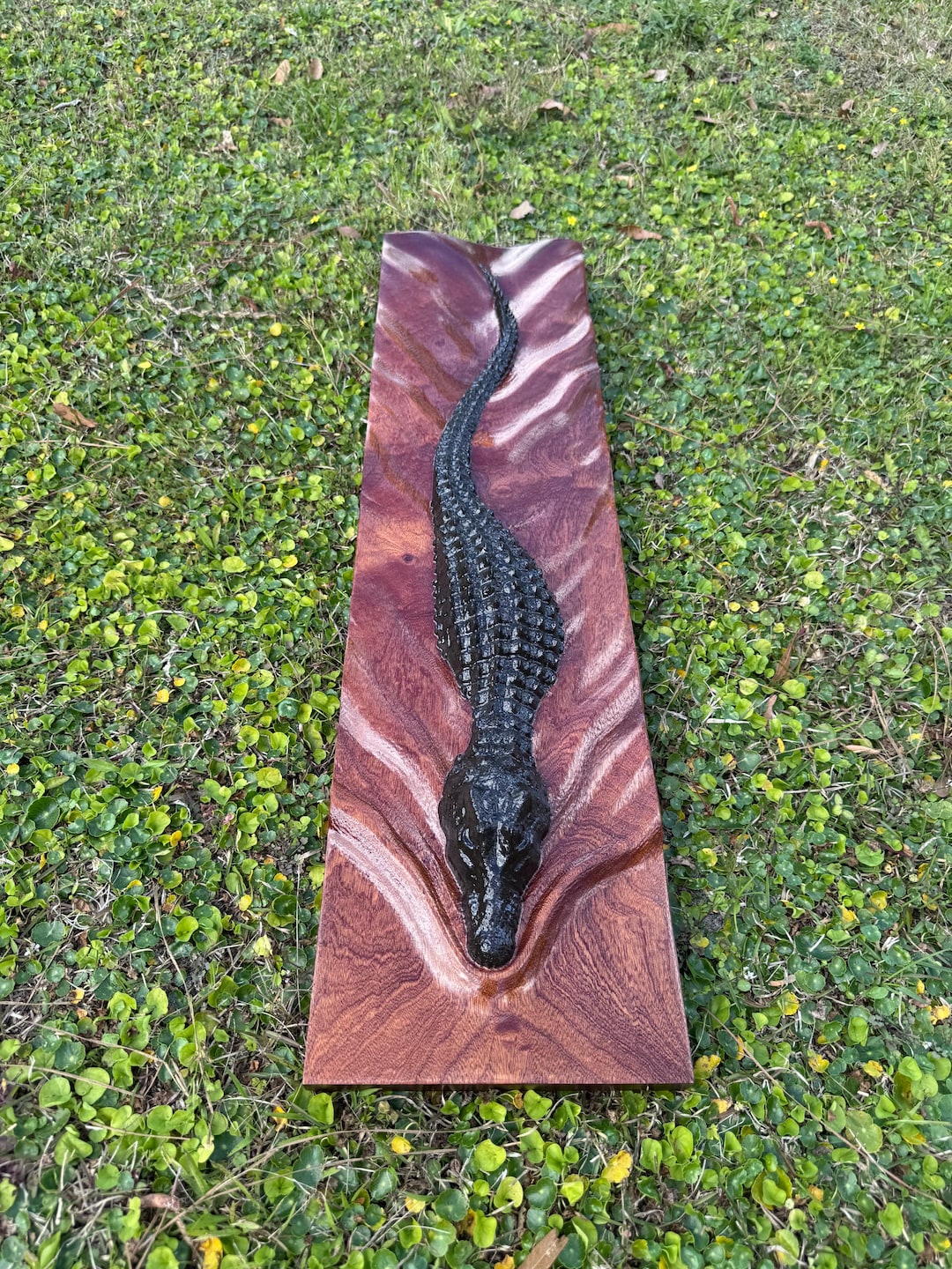 Large 3D Carved Large Swimming Alligator - African Sapele - 31x8