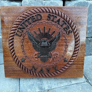 Handcrafted US Navy Emblem Plaque – African Sapele Wood – 3D CNC Carved – 10.5” x 9”