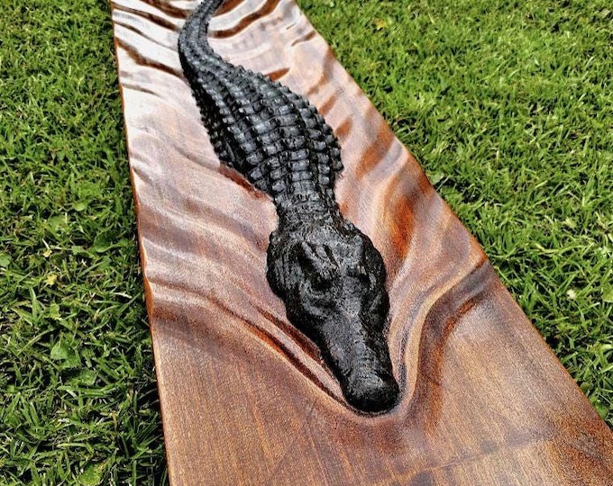 Alligator Wall Art, Hand Carved Wood Gator Wall Decor, Large 44 inch Wooden Alligator Sculpture, Lake House Cabin Decor, Gift for Him