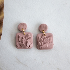 Pink Monochrome Abstract Flower Dangle Earring, Hypoallergenic Titanium Posts Earrings, Handmade Boho Polymer Clay, Blush inspired studs