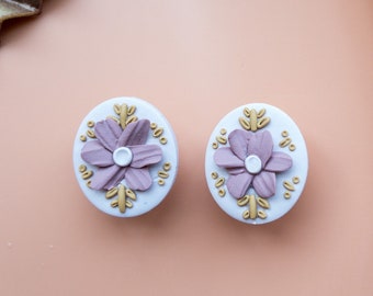 Dusty Pink Boho Flower Folk Art Studs, Floral Hypoallergenic Studs, Off White Earrings, Dainty Boho Studs, Polymer Clay Boho Jewelry