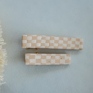 Beige Checkered Rectangle Hair Clip, Neutral Hair Accessory, Off-white No Slip Hair Grip, Handmade Polymer Clay Rectangle Alligator Clip