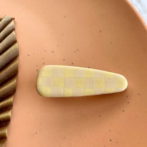 Beige Checkered Hair Clip, Yellow Check Neutral Hair Accessory, Subtle No Slip Hair Grip, Handmade Polymer Clay Rectangle Alligator Clip
