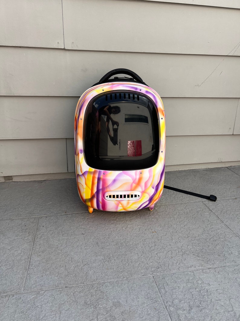 May include: A colorful, abstractly patterned pet carrier backpack with a black handle and a clear, round window. The backpack is designed to carry a small pet.