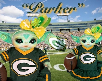 NFL Custom painted* Baby Yoda, Grogu, GREEN bay PACKER cheerleader football doll