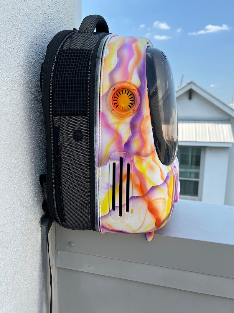 May include: A black backpack with a colorful, abstract design. The backpack has a clear bubble on the front and a mesh pocket on the side.