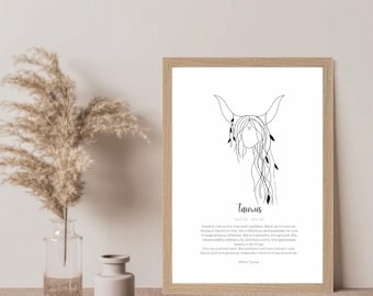 Taurus Zodiac Print - Hand-Drawn Celestial Art (Digital Download)
