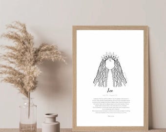Hand-Drawn Leo Zodiac Print – Celestial Astrology Art (Digital Download)