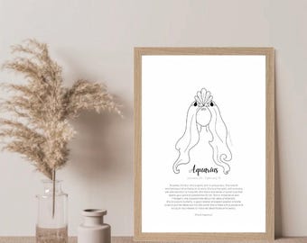 Hand-Drawn Aquarius Zodiac Print – Celestial Astrology Art (Digital Download)