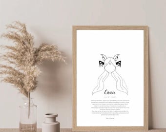 Hand-Drawn Cancer Zodiac Print – Celestial Astrology Art (Digital Download)