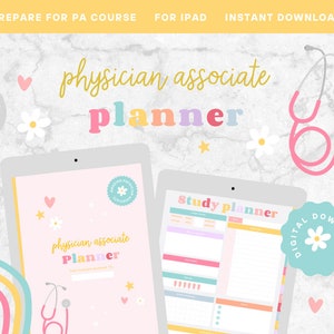 Könnte beinhalten: Ein digitaler Planer für Physician Associates mit einem rosa Cover, einem Stethoskop, Blumen und Sternen. Der Planer enthält einen Studienplaner-Bereich mit einem farbenfrohen Design.