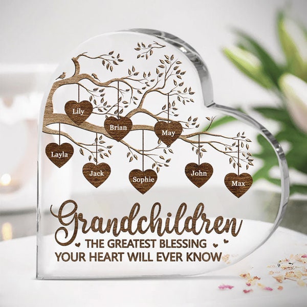 Personalized Grandkids Make Life More Grand Acrylic Plaque, Custom Names Heart Shaped Acrylic, Gift for Grandma, Mother's day Gift