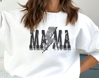 Checkered Mama Lightning Bolt Crewneck Sweatshirt, 90s Retro Mama Shirt, Checkered Mom Shirt,Trendy Mama Tee, Motherhood Shirt, Mom Gift