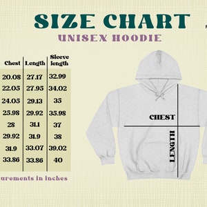 May include: Size chart for a unisex hoodie with measurements in inches for chest, length, and sleeve length. The chart shows sizes from S to 5XL.
