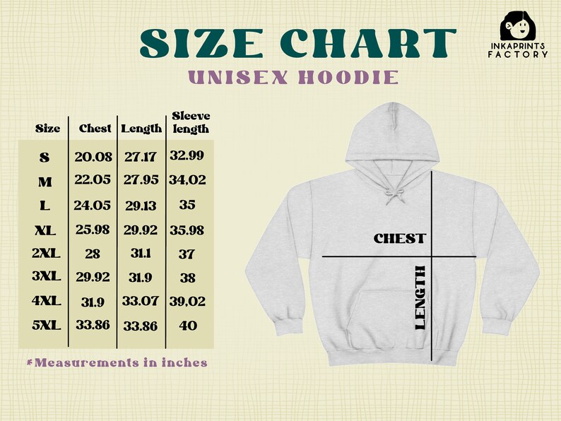 May include: Size chart for a unisex hoodie with measurements in inches for chest, length, and sleeve length. The chart shows sizes from S to 5XL.